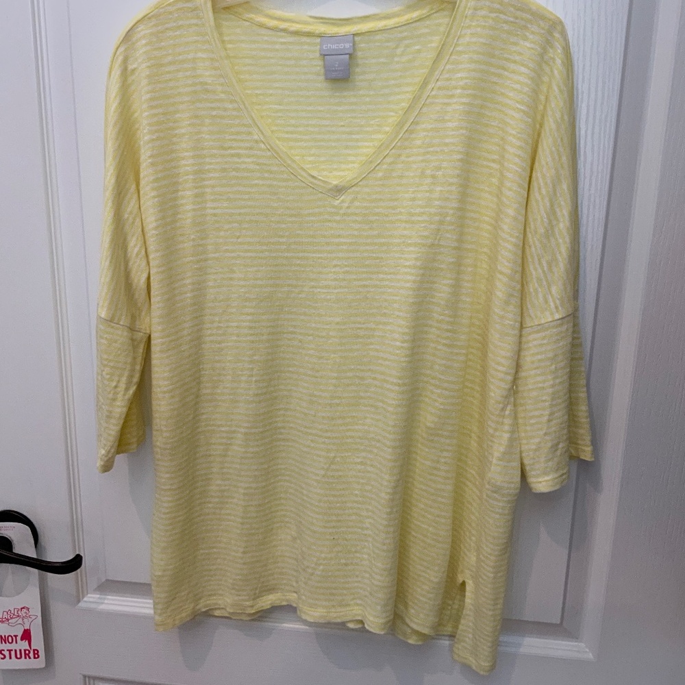 Chicos !00% Linen Yellow White Stripe VNeck Tee Size 2 (12 to14)